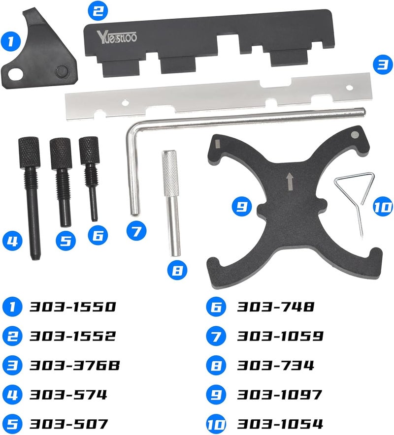 Yuesstloo Engine Camshaft Belt Timing Locking Tool Kit Compatible with Ford Fusion Escape Focus Fiesta Mazda 1.25 1.4 1.6 1.7 1.8 2.0 2.3L 2.5L Ecoboost 1.5L 1.6L, 2.0 TDCi 303-1097 303-748 303-1550 303-1552 - Image 3